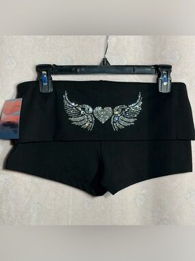 Haley & June Black Rhinestone Wing Heart Foldover Waist Shorts